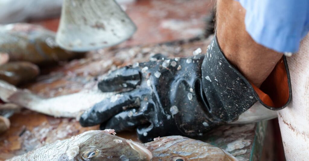 Close-up of a fishmonger preparing fish with axe at Doha market.